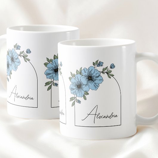 Mug Botanical Arch Black Script Elegant Blue Floral
