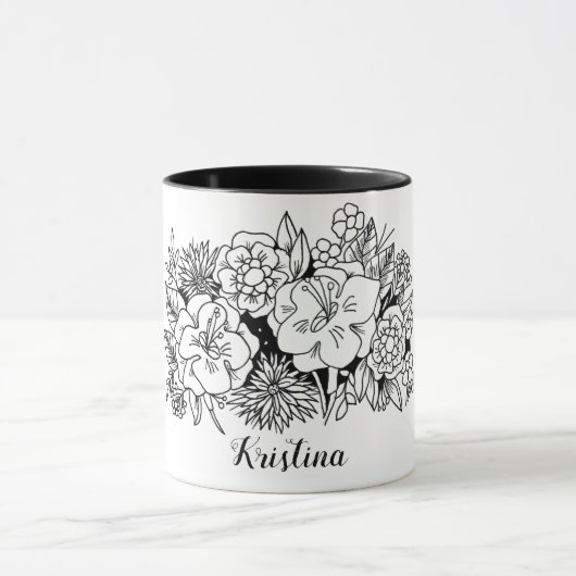 Mug Botanique florale noire blanche avec nom (Centre)