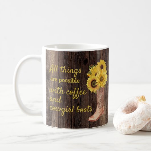 Mug Botillons de cowgirl en bois rustique et tournesol (Avec donut)