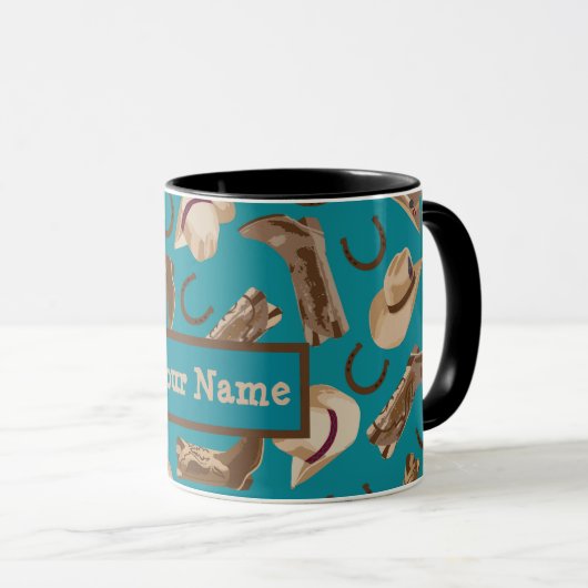 Mug Bottes de cowboy Casquettes Western Turquoise Nom (Devant droit)