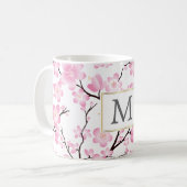 Mug boue de cerisier rose blanc initial personnalisabl (Devant gauche)