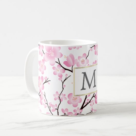 Mug boue de cerisier rose blanc initial personnalisabl (Devant gauche)