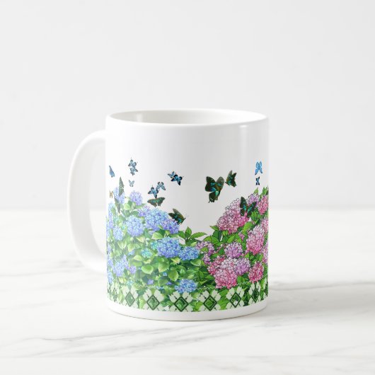Mug Boug Hydrangées et papillons rose, bleu, vert (Devant gauche)