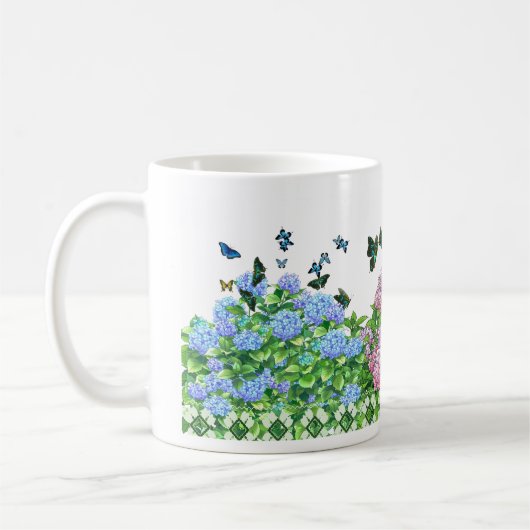 Mug Boug Hydrangées et papillons rose, bleu, vert (Gauche)