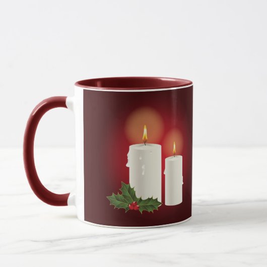 Mug Bougies De Noël Blanches Sur Rouge Avec Texte Pers (Gauche)