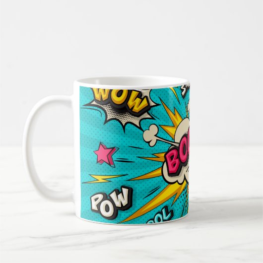 Mug Bouillonnante bulle de pop art. Souriez, wow, pow, (Gauche)