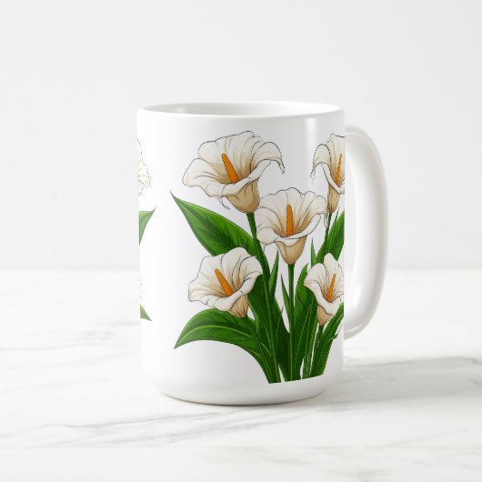 Mug Bouquet de lys calla blancs avec des feuilles vert (Devant droit)