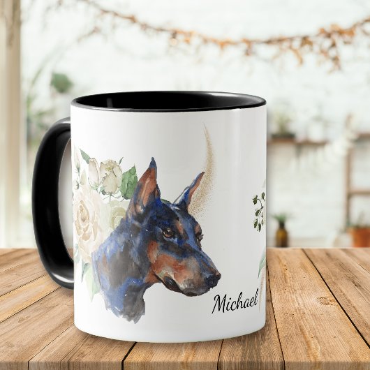 Mug Bouquet de rose blanche Doberman Pinscher Chien