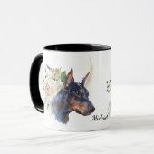 Mug Bouquet de rose blanche Doberman Pinscher Chien (Devant gauche)