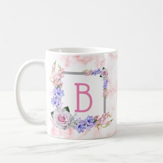 Mug Bouquet de rose monogramme Marbre rose (Gauche)