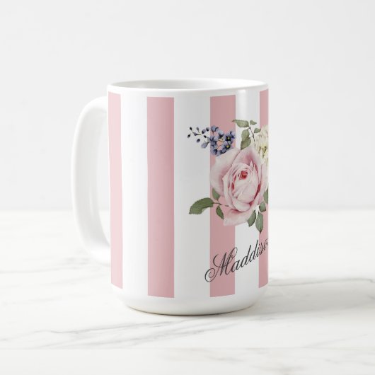 Mug Bouquet de roses rayées rose-chic du pays Monogram (Devant gauche)