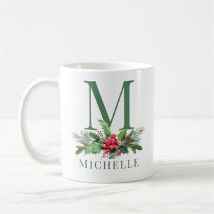 Mug Bouquet de verdure de Noël Monogramme floral Nom
