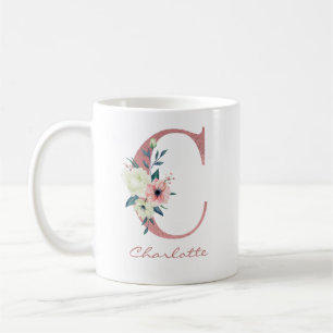 Mug Bouquet élégant de fleurs lettre C rose et ivoire
