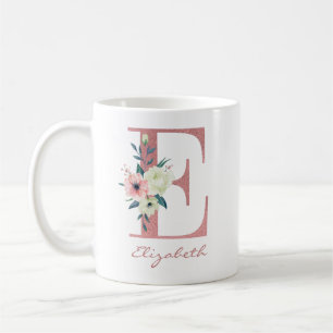 Mug Bouquet élégant de lettres florales E rose et ivoi