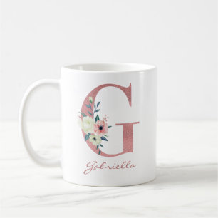 Mug Bouquet floral élégant lettre G rose et ivoire
