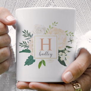 Mug Bouquet floral or flou bleu Monogramme personnalis