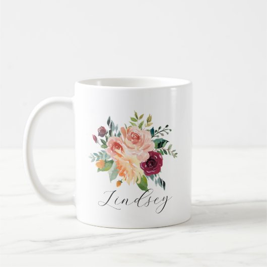 Mug Bouquet floral rose de Bourgogne Nom du script (Gauche)