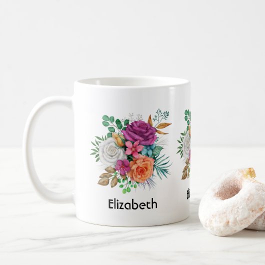 Mug Bouquet floral rose, orange et blanc (Avec donut)