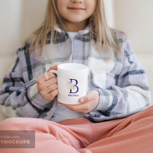 Mug Bouquet rose floral bleu monogramme