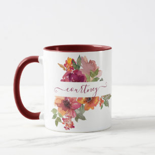 Mug Bourgogne et floral aquarelle orange personnalisé