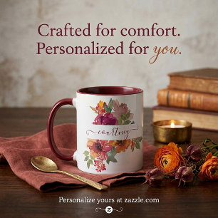 Mug Bourgogne et orange aquarelle florale personnalisé