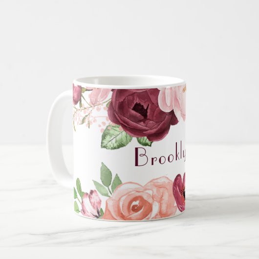 Mug Bourgogne/Marsala et bouquet rose de pivoine (Devant gauche)