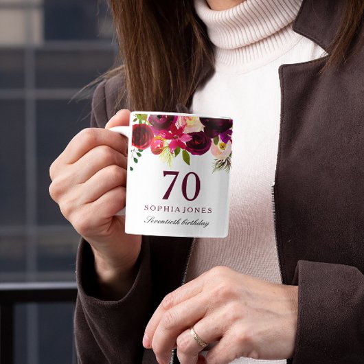 Mug Bourgogne Rouge Floral Boho 70e anniversaire Cadea