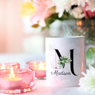 Mug Bouteille de café monogramme initiale fleur sauvag