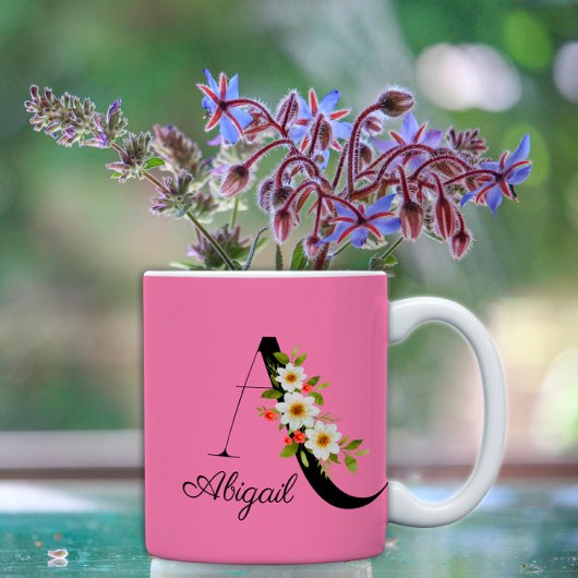 Mug Bouteille de café rose monogramme fleur sauvage