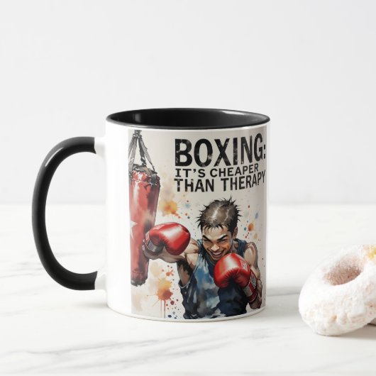 Mug “Boxing – It’s Cheaper Than Therapy Mug” (Avec donut)