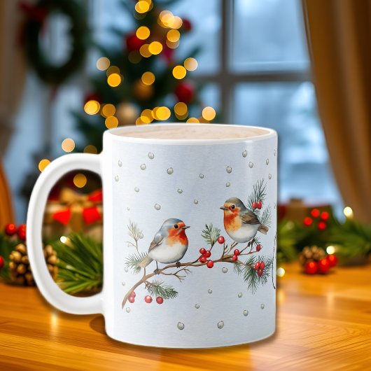 Mug Branch with robin birds and berries Christmas