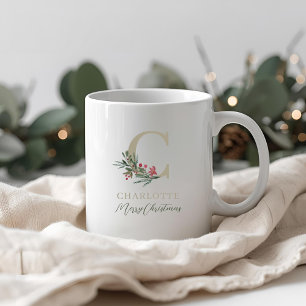 Mug Branche de baie rustique initiale et nom de Noël