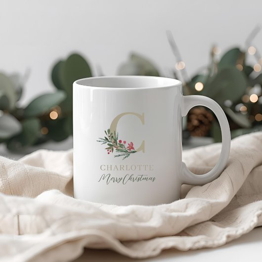 Mug Branche de baie rustique initiale et nom de Noël