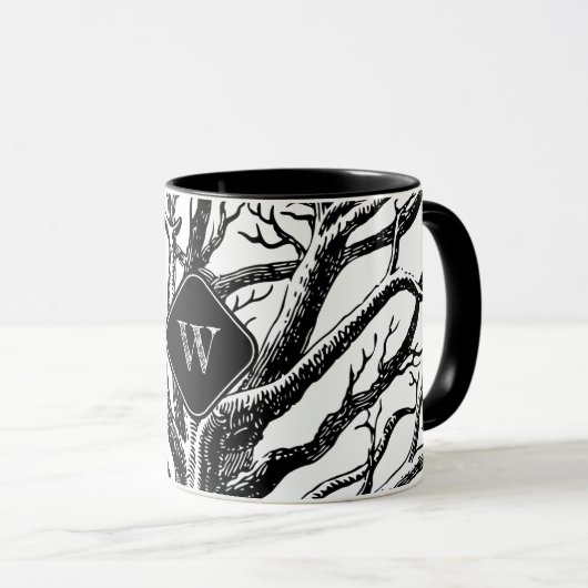 Mug Brèches Abstraites en noir rustique Monogramme (Devant droit)