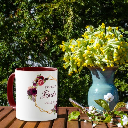 Mug Bride blanc fleuri or géométrique nom du mariage