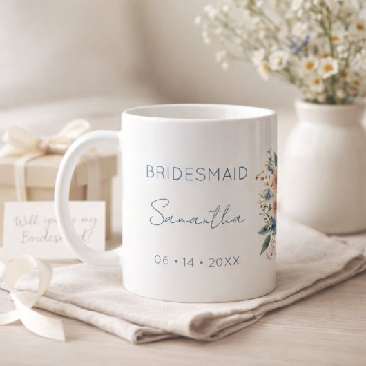 Mug Bridesmaid Gift Blue Floral Personalized
