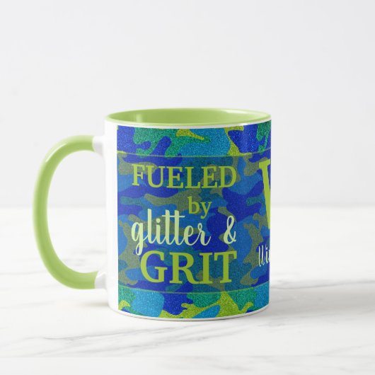 Mug Bright Blue & Green Camouflage Glitter Camo Name (Gauche)