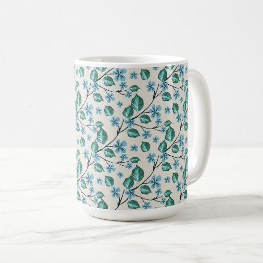 Mug Brins avec des feuilles vertes et des fleurs bleue (Devant droit)