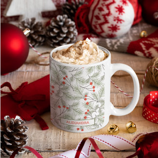 Mug Brins de pin et baies Noël Nom personnalisé