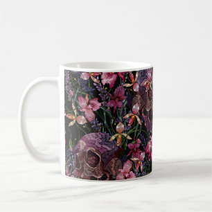 Mug Broderie crâne humain et fleurs d'orchidées roses 
