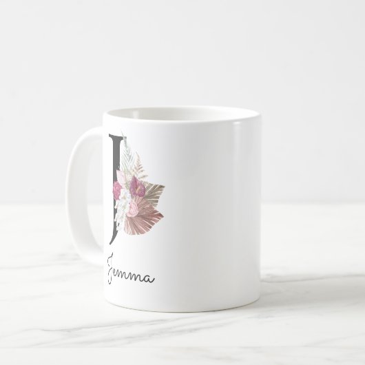 Mug Broderie initiale J rose fleurs (Devant gauche)