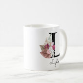 Mug Broderie initiale L fleurie rose (Devant droit)