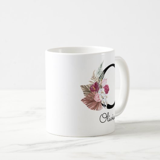 Mug Broderie Rose Boho Fleur Initiale O (Devant droit)