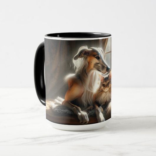 Mug bronzage de chien et de chat ensemble. (Devant gauche)
