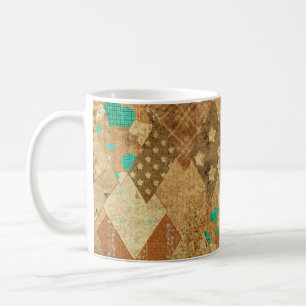 Mug Brown Grunge Quilt Stars Coeurs