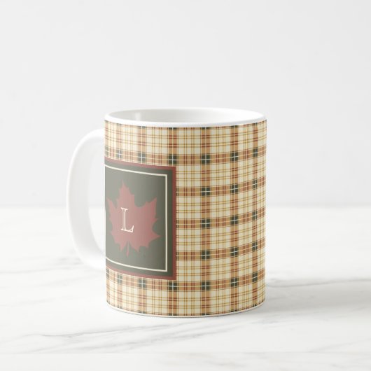 Mug Brown Plaid Motif Automne Maple Leaf Monogramme (Devant gauche)