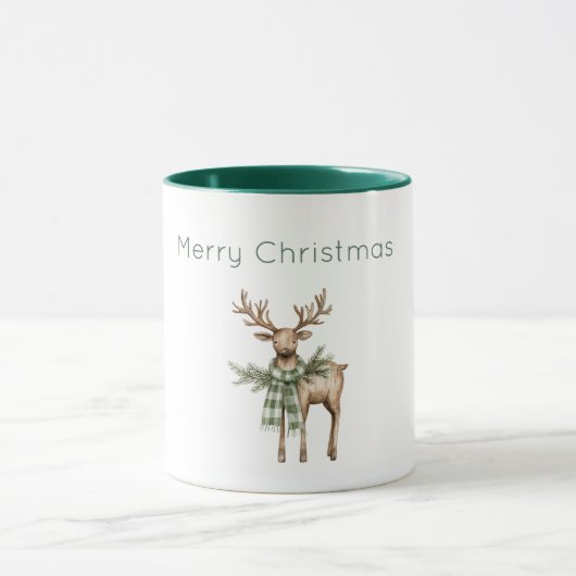 Mug Brun Crème Vert Cerf Noël Rustique (Centre)