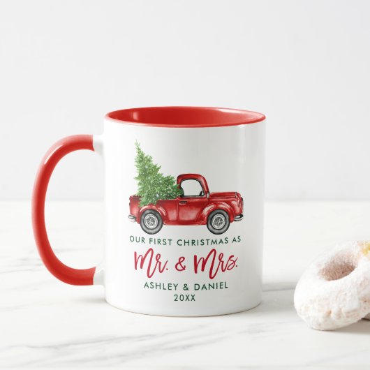 Mug Brush Script Premier Noël M. Mme Truck Rouge (Avec donut)