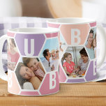 Mug Bubbe 5 photo modifiable 5 lettres Honeypeb<br><div class="desc">Canette à café Honeypeb, personnalisée avec 5 de vos photos préférées et imprimée avec un nom de 5 lettres, comme BUBBE. Le design comprend un collage photo en nid d'abeille dans une palette de couleur sorbet d'été de rose lilas et pêche. Si vous souhaitez modifier les couleurs, cliquez sur "customiser...</div>