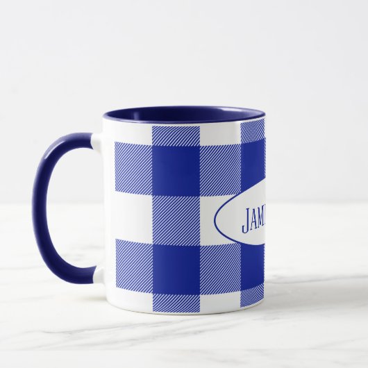 Mug buffle bleu et blanc plaid de nom (Gauche)